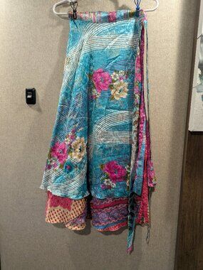 Darn Good Yarn Silk Sari Wrap Skirt | Reversible | Boho | Shiny w/Bling!